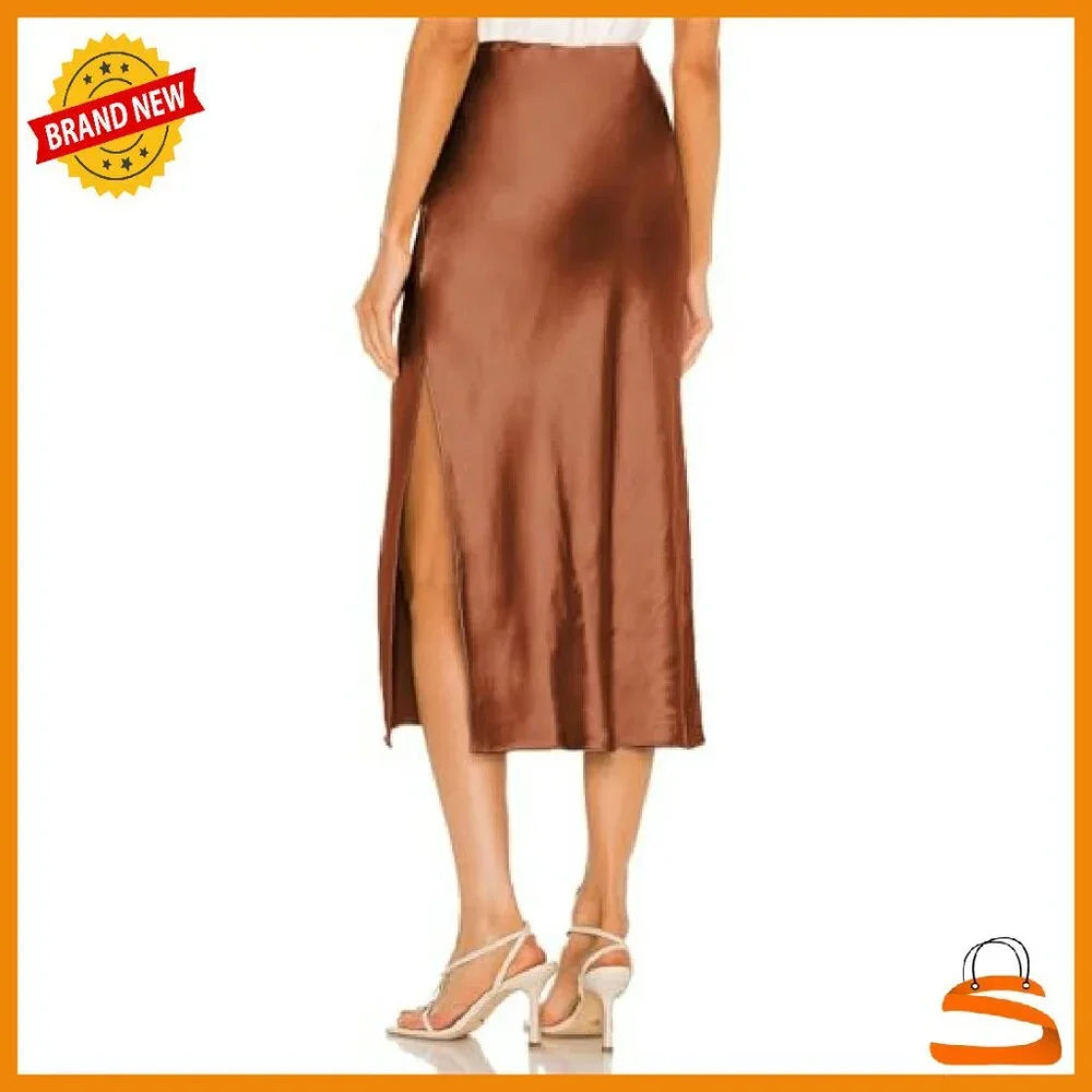 Satin Midi Skirt High Waist Elastic A-Line Slit Flowy Summer - Picture 5 of 7